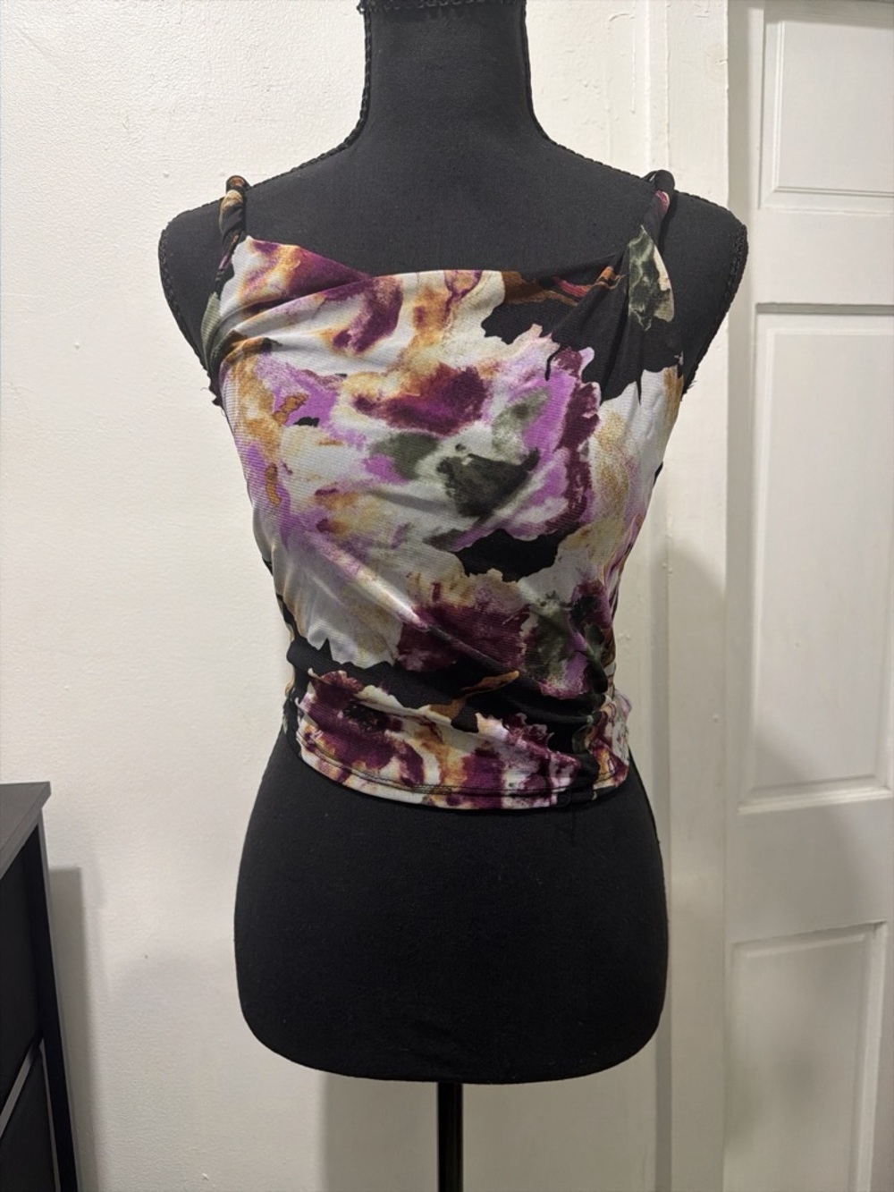 Floral Print Cowl Neck Women's Tank Top - Black & Purple